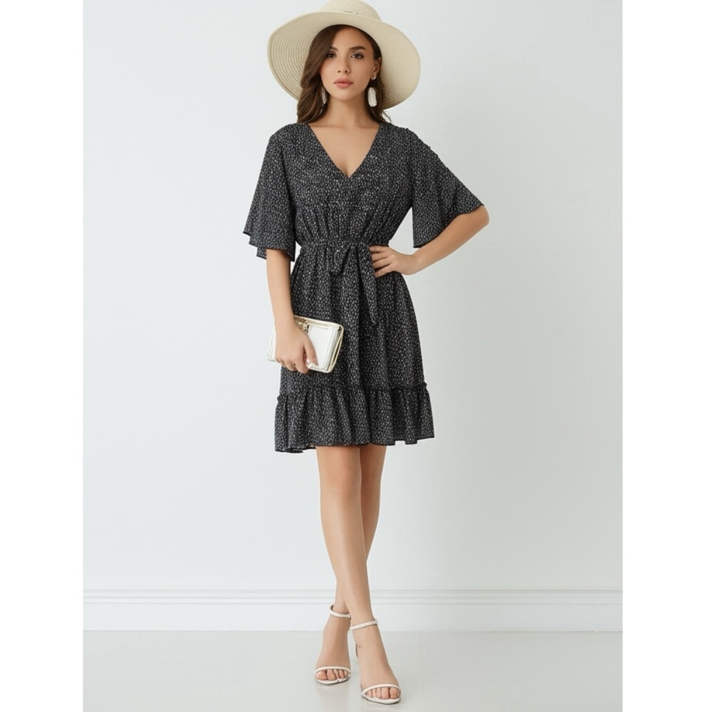 Manydress Womens Size L Floral Chiffon Dress Navy V Neck Short Butterfly Sleeve